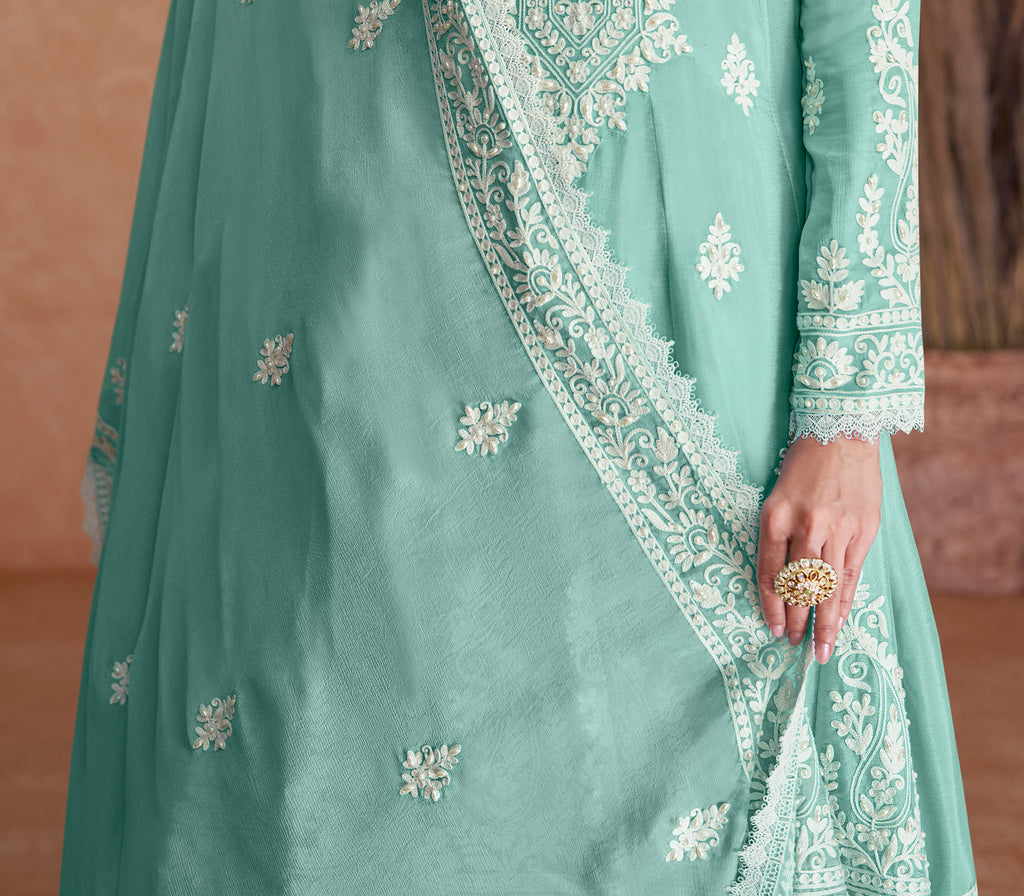 Light Sea Green Designer Embroidered Party Wear Sharara Suit-Saira's Boutique