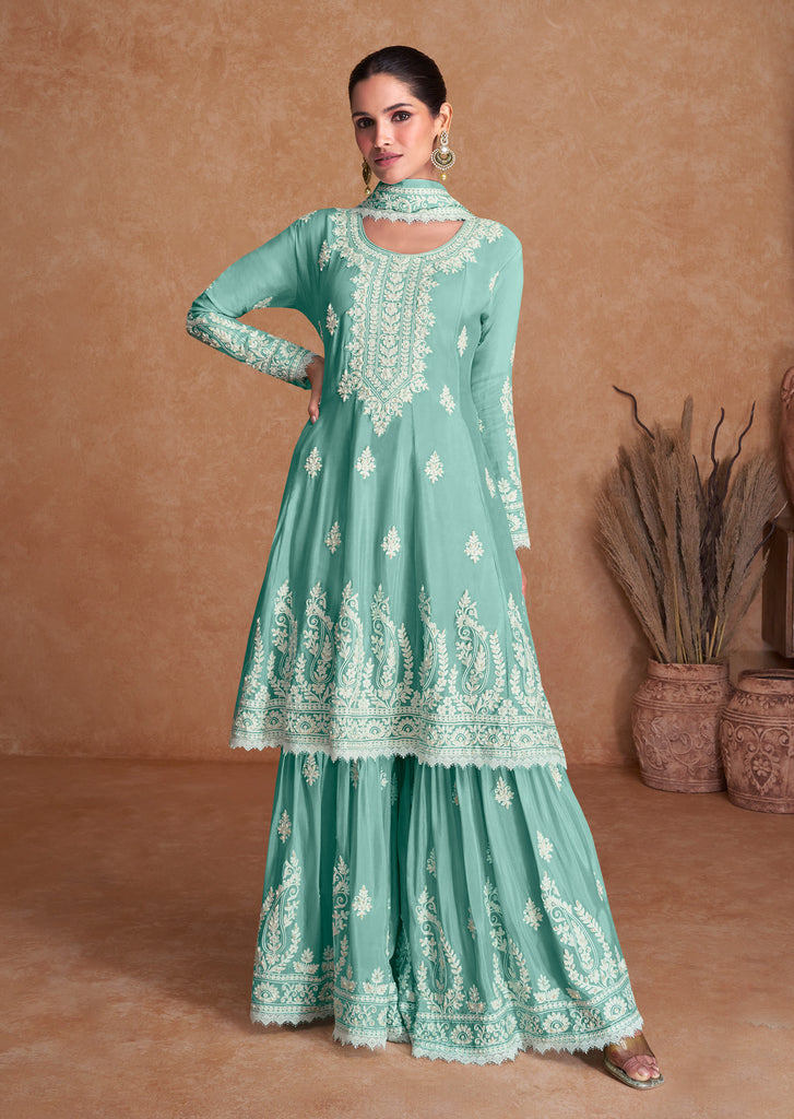 Light Sea Green Designer Embroidered Party Wear Sharara Suit-Saira's Boutique