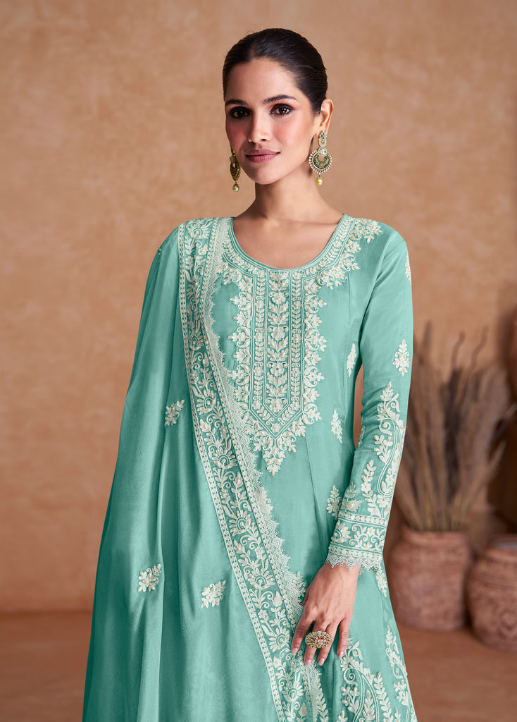 Light Sea Green Designer Embroidered Party Wear Sharara Suit-Saira's Boutique