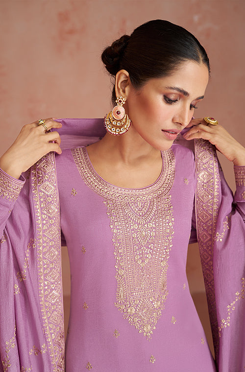 Lilac Blush Designer Embroidered Silk Party Wear Palazzo Suit-Saira's Boutique