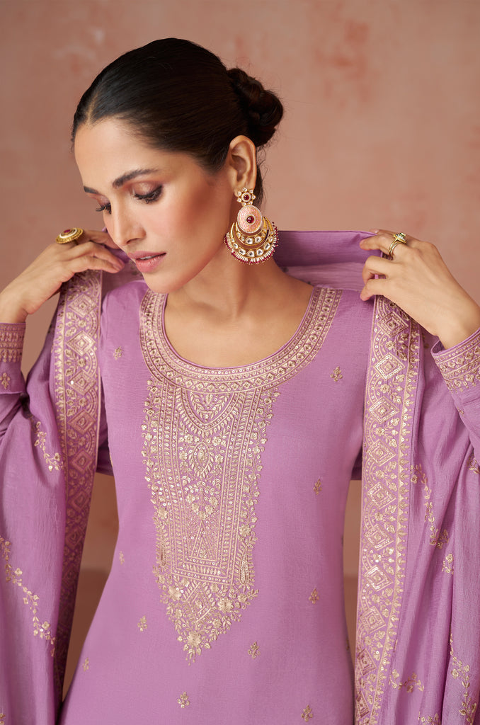 Lilac Blush Designer Embroidered Silk Party Wear Palazzo Suit-Saira's Boutique