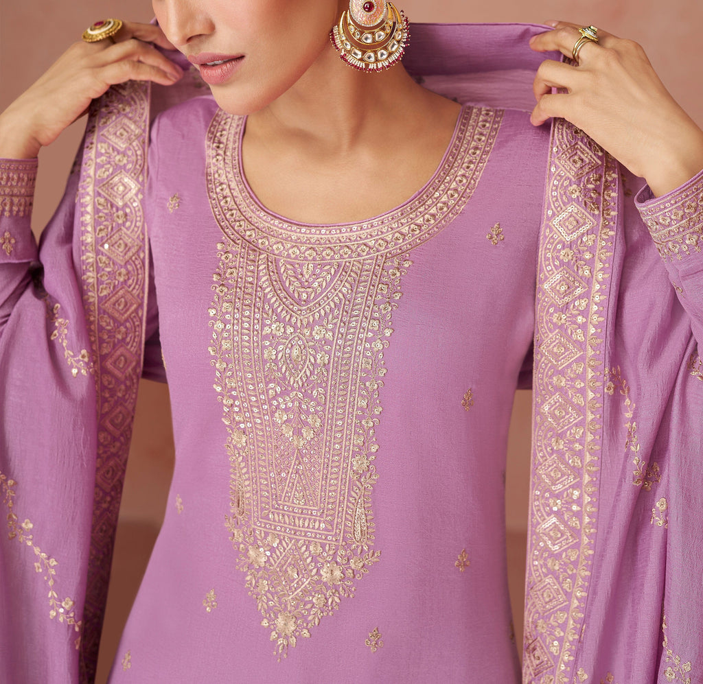 Lilac Blush Designer Embroidered Silk Party Wear Palazzo Suit-Saira's Boutique