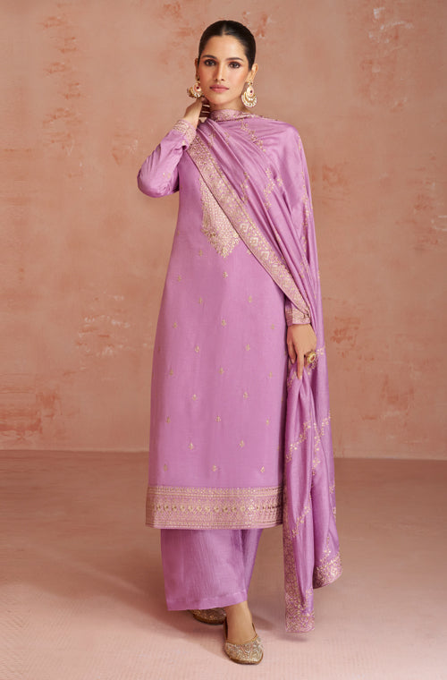 Lilac Blush Designer Embroidered Silk Party Wear Palazzo Suit