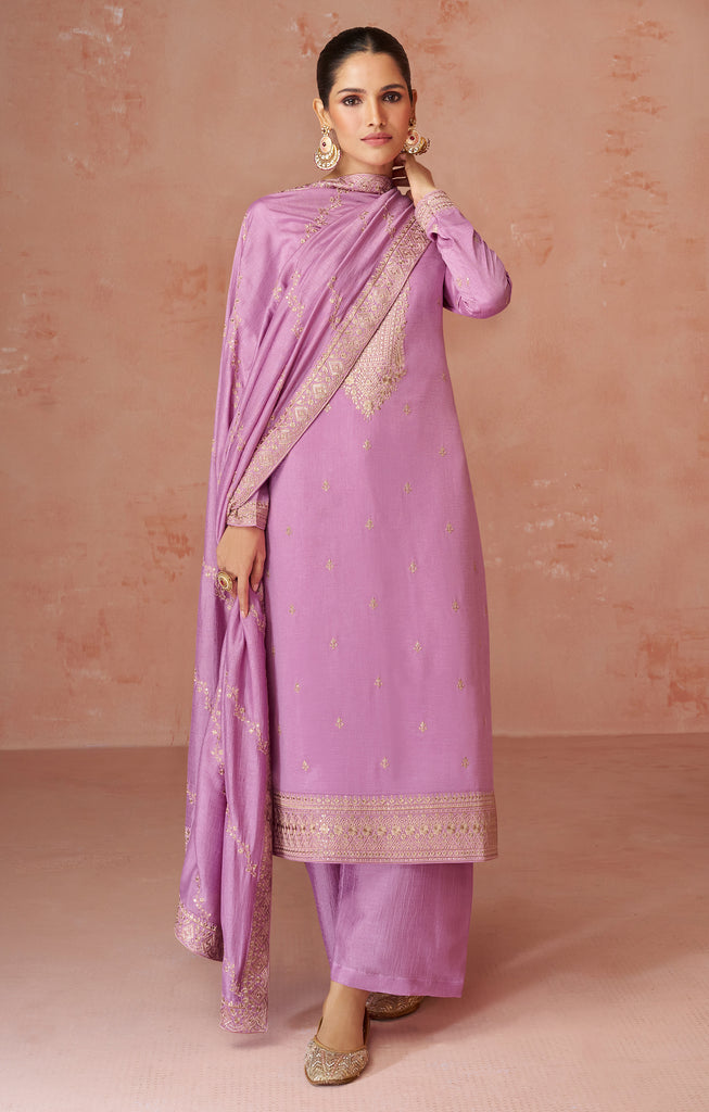 Lilac Blush Designer Embroidered Silk Party Wear Palazzo Suit-Saira's Boutique