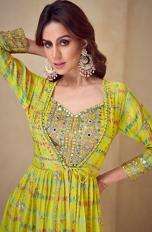 Lime Olive Green Designer Embroidered Party Wear Kurti Style Palazzo Suit-Saira's Boutique