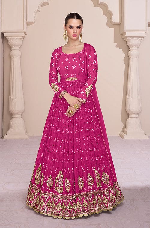 Georgette Embroidered Pink Diwali Gown Dress with Dupatta - GW0371