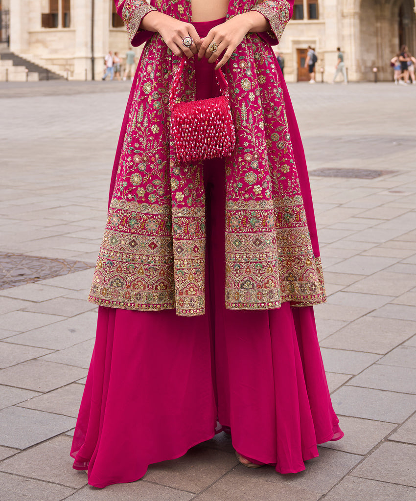Magenta Designer Embroidered Party Wear Palazzo Suit with Shrug
