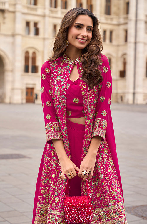 Magenta Designer Embroidered Party Wear Palazzo Suit with Shrug