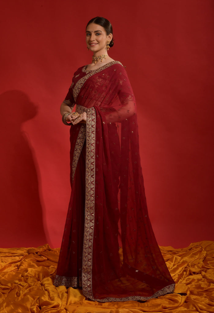 Maroon Designer Embroidered Georgette Wedding Saree-Saira's Boutique