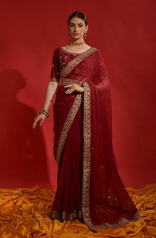 Wine & Red Designer Heavy Embroidered Georgette Wedding Saree