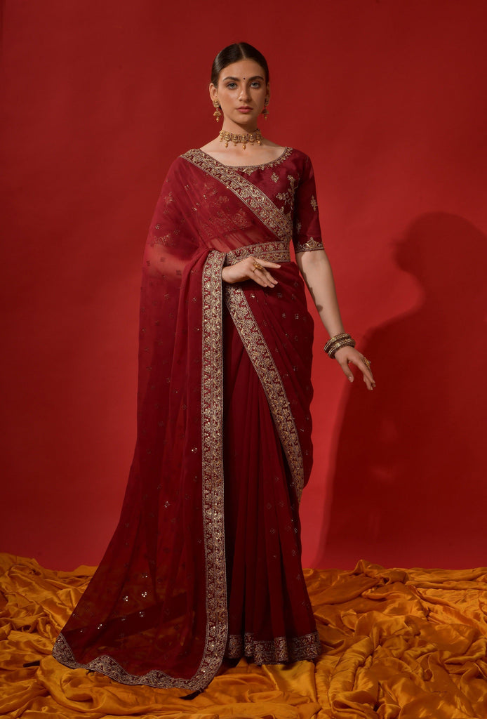 Maroon Designer Embroidered Georgette Wedding Saree-Saira's Boutique