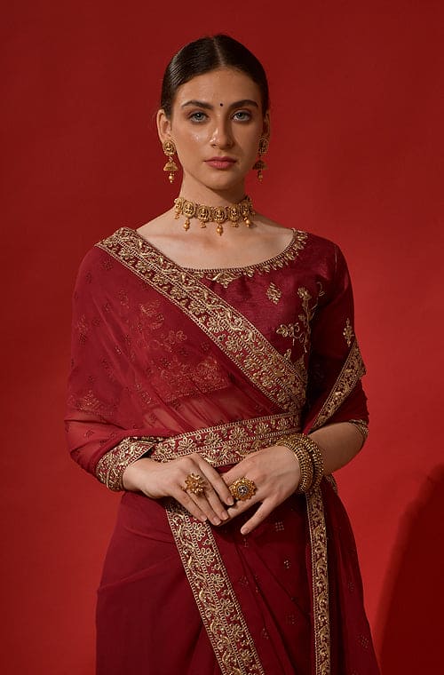 Maroon Designer Embroidered Georgette Wedding Saree-Saira's Boutique