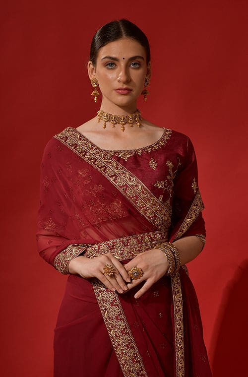 Dark Maroon Bridal Saree Matching Jewellery For Maroon Saree