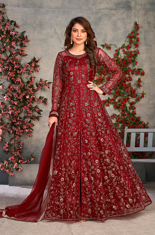 Palm Green Designer Embroidered Floor Length Silk Anarkali Suit
