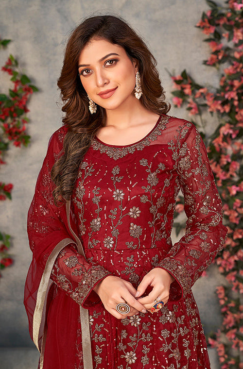 Maroon Designer Heavy Embroidered Net Party Wear Anarkali Gown