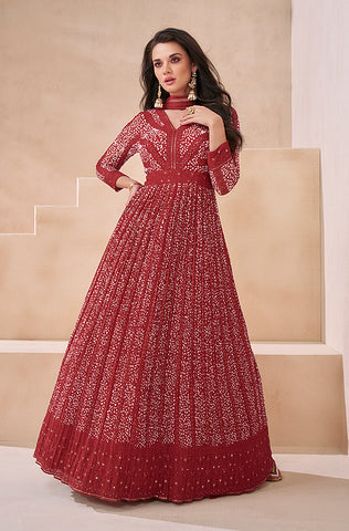 Light Cream Peach Designer Embroidered Georgette Anarkali Gown