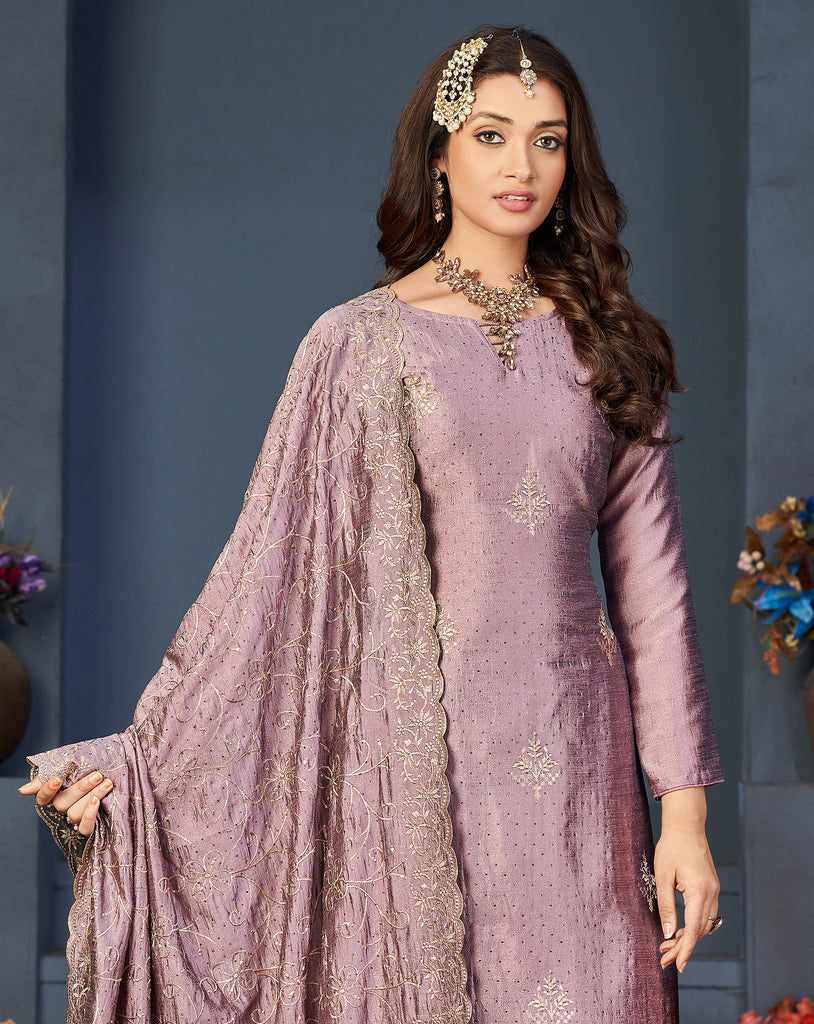 Mauve Designer Embroidered Party Wear Silk Pant Suit-Saira's Boutique