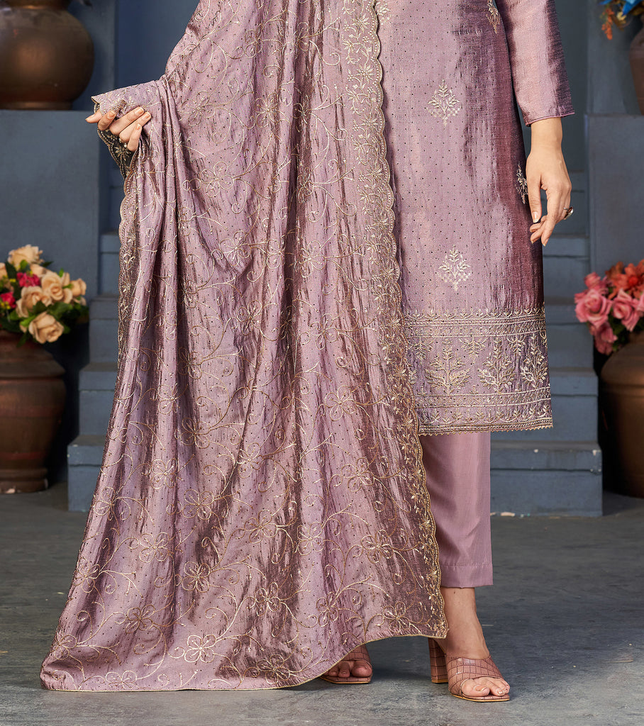 Mauve Designer Embroidered Party Wear Silk Pant Suit-Saira's Boutique