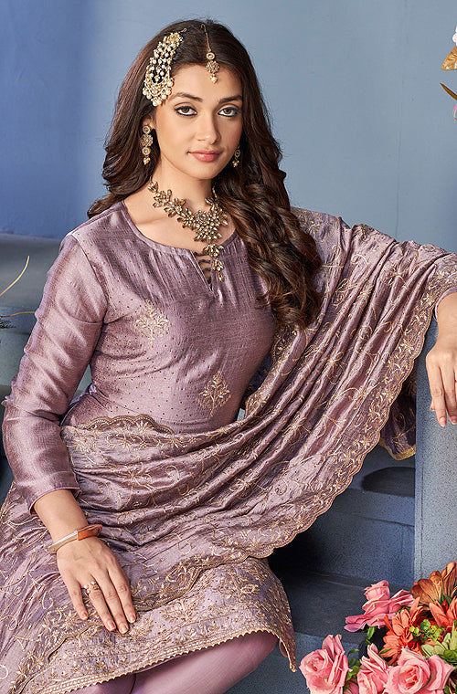 Mauve Designer Embroidered Party Wear Silk Pant Suit-Saira's Boutique