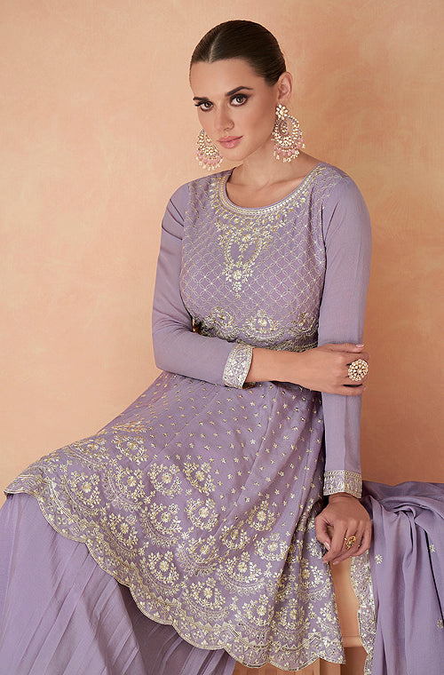 Mauve Designer Embroidered Silk Party Wear Sharara Suit-Saira's Boutique