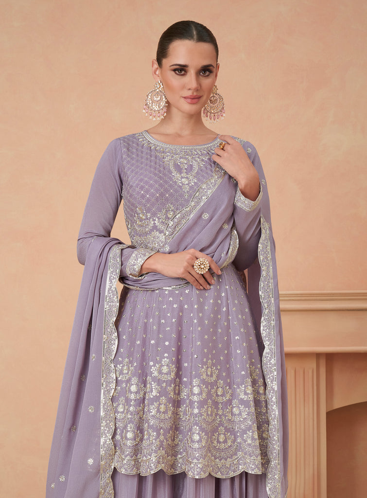 Mauve Designer Embroidered Silk Party Wear Sharara Suit-Saira's Boutique