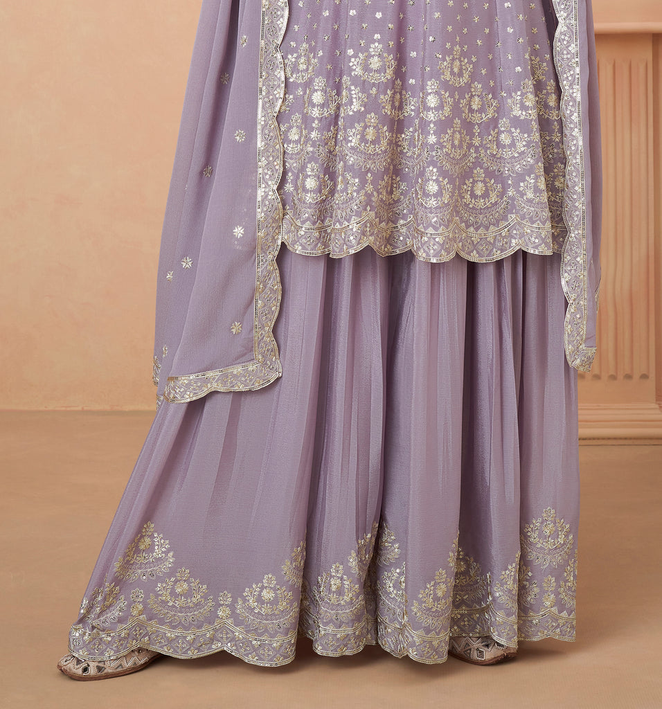 Mauve Designer Embroidered Silk Party Wear Sharara Suit-Saira's Boutique