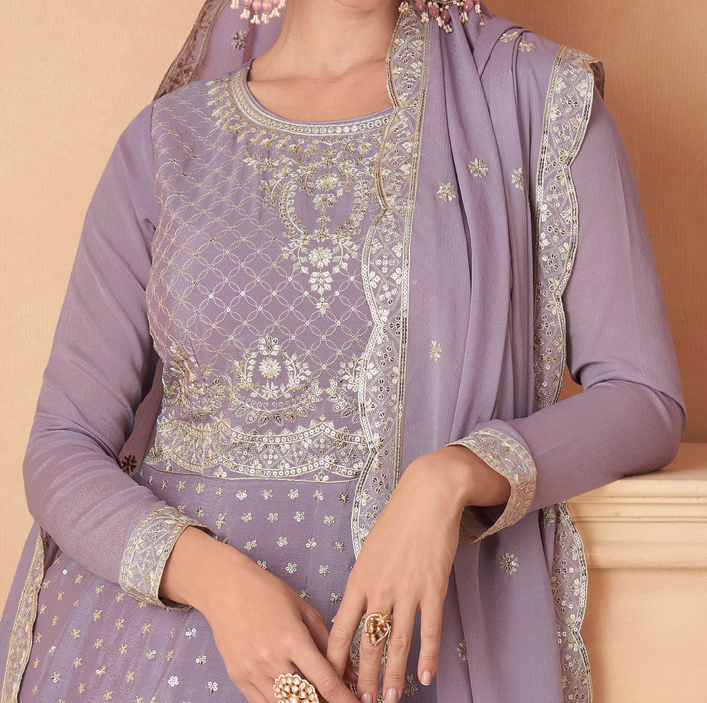 Mauve Designer Embroidered Silk Party Wear Sharara Suit-Saira's Boutique