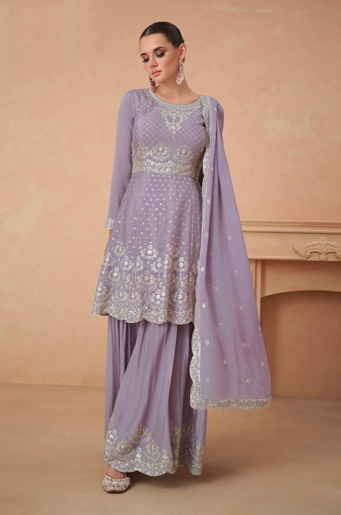 Mauve Designer Embroidered Silk Party Wear Sharara Suit-Saira's Boutique