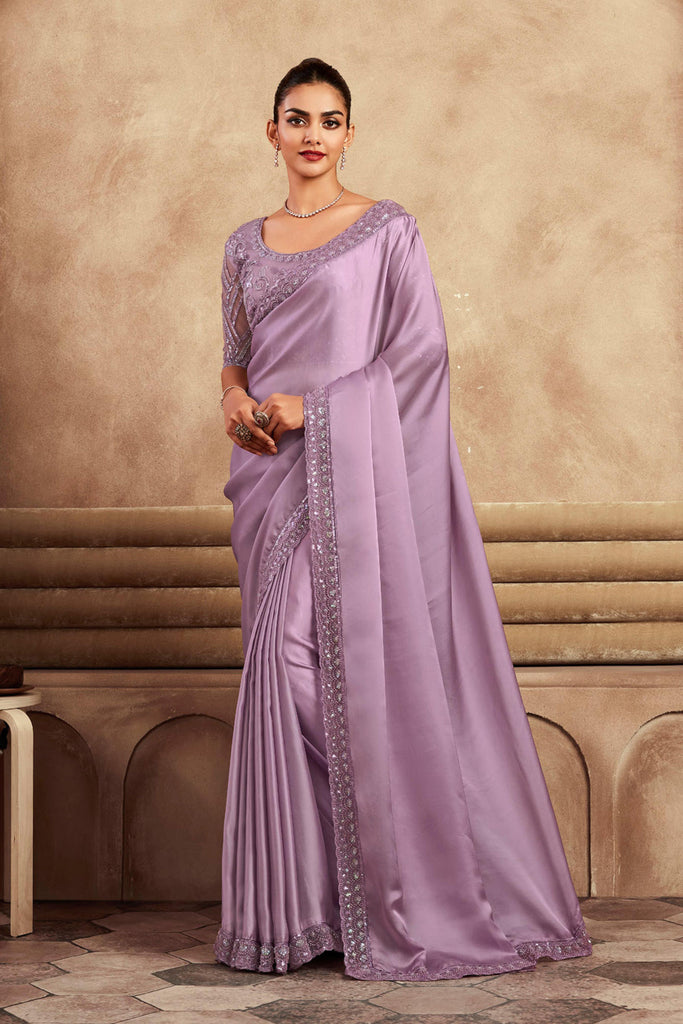 Mauve Designer Embroidered Silk Wedding Party Wear Saree-Saira's Boutique