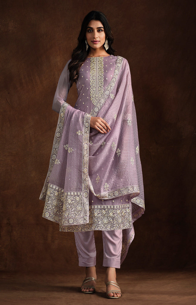 Mauve Embroidered Wedding Soft Organza Pant Suit-Saira's Boutique