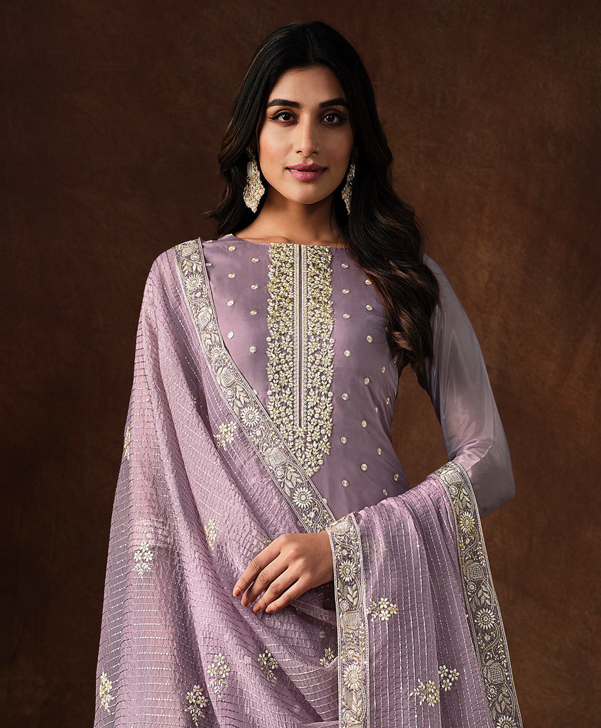 Mauve Embroidered Wedding Soft Organza Pant Suit-Saira's Boutique