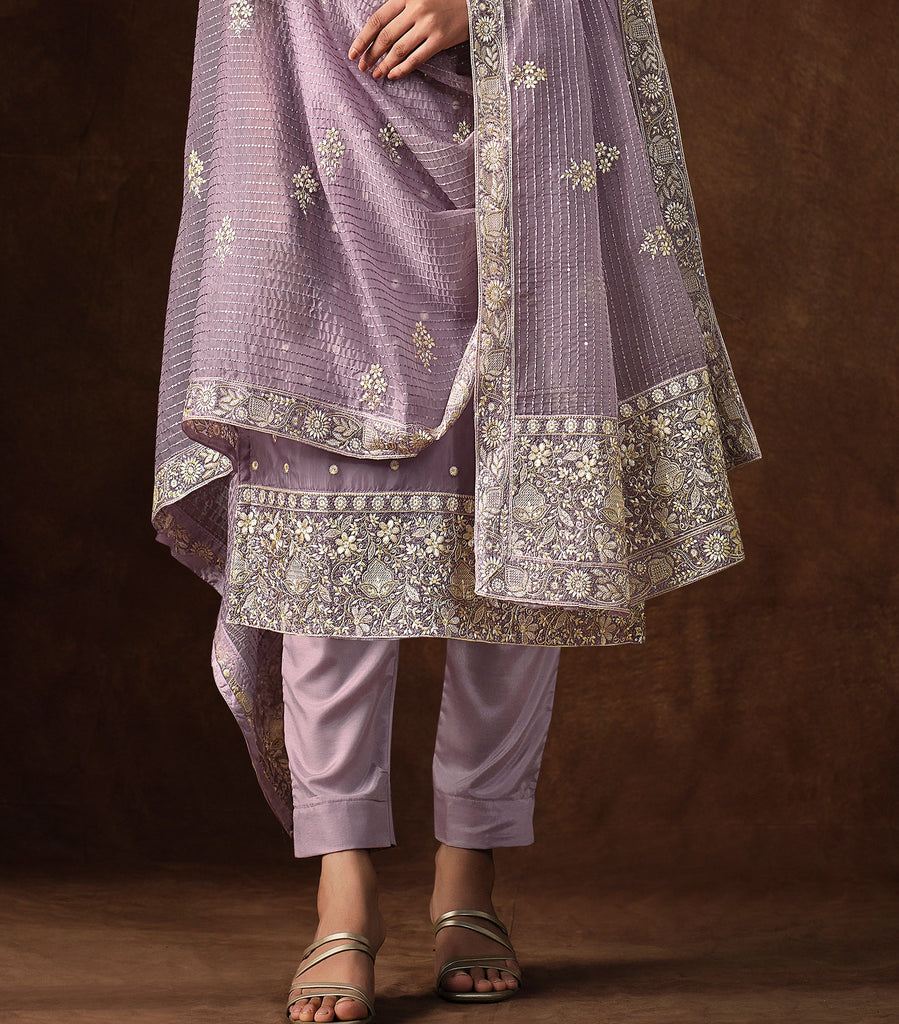 Mauve Embroidered Wedding Soft Organza Pant Suit-Saira's Boutique