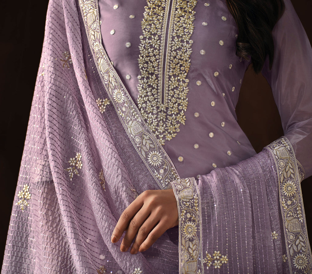 Mauve Embroidered Wedding Soft Organza Pant Suit-Saira's Boutique