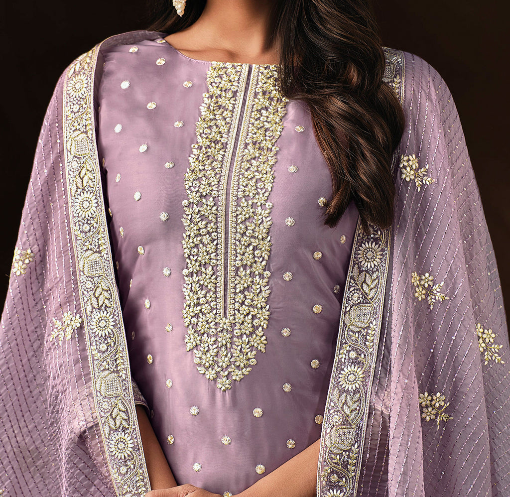 Mauve Embroidered Wedding Soft Organza Pant Suit-Saira's Boutique