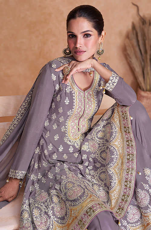 Mauve Gray Designer Embroidered Party Wear Sharara Suit-Saira's Boutique