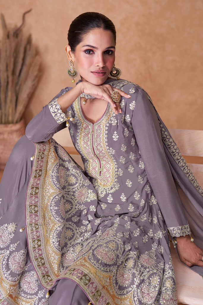 Mauve Gray Designer Embroidered Party Wear Sharara Suit-Saira's Boutique