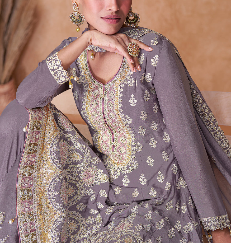 Mauve Gray Designer Embroidered Party Wear Sharara Suit-Saira's Boutique