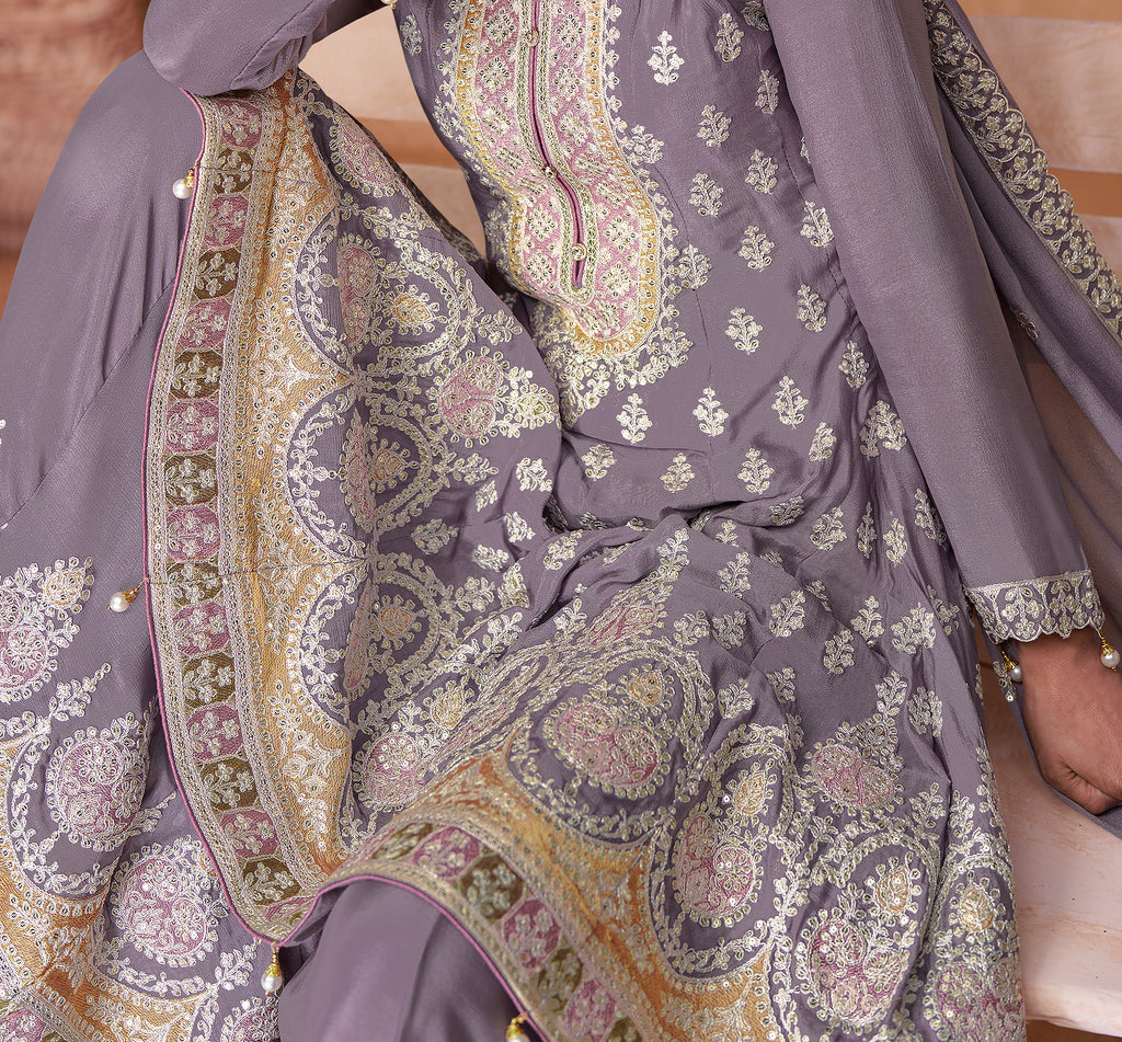 Mauve Gray Designer Embroidered Party Wear Sharara Suit-Saira's Boutique