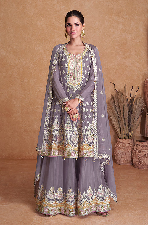 Colour New Latest Sharara Design Mauve Gray Designer Embroidered