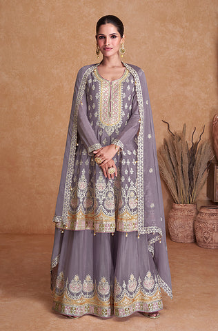 Pale Mustard Designer Embroidered Heavy Chinon Party Wear Sharara Suit