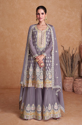 Dahlia Yellow & Gray Blue Designer Embroidered Party Wear Pant Suit