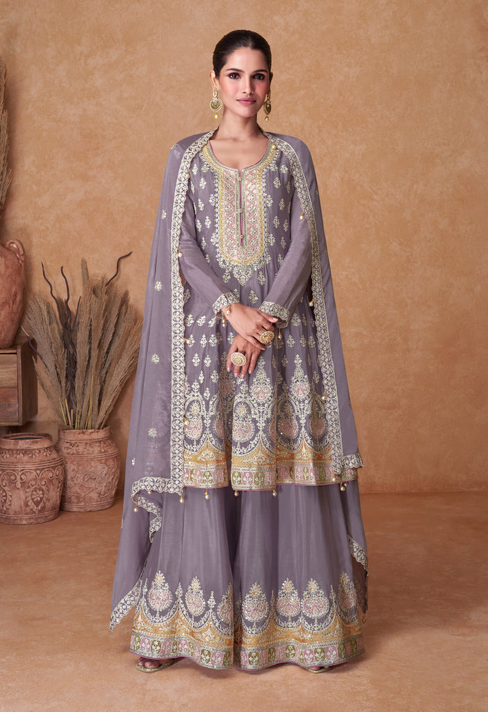 Mauve Gray Designer Embroidered Party Wear Sharara Suit-Saira's Boutique