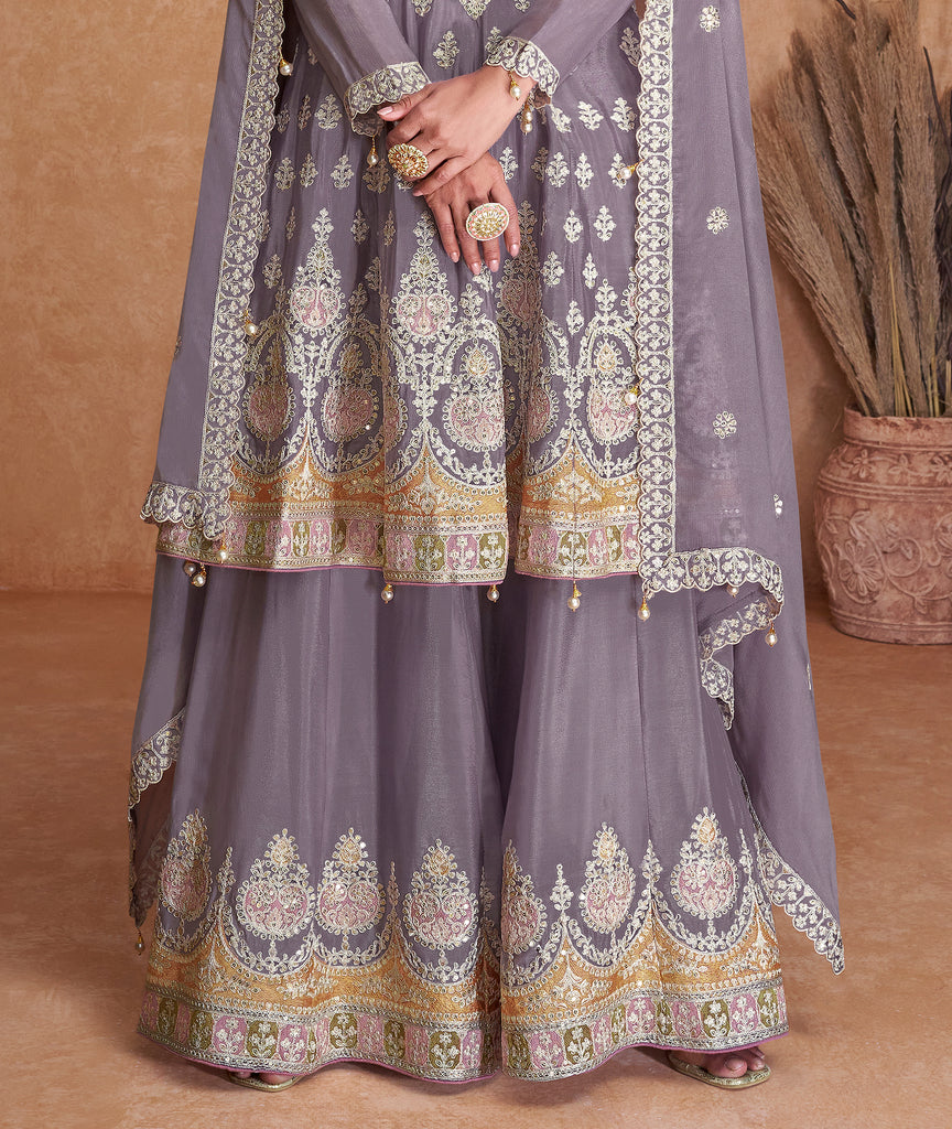 Mauve Gray Designer Embroidered Party Wear Sharara Suit-Saira's Boutique