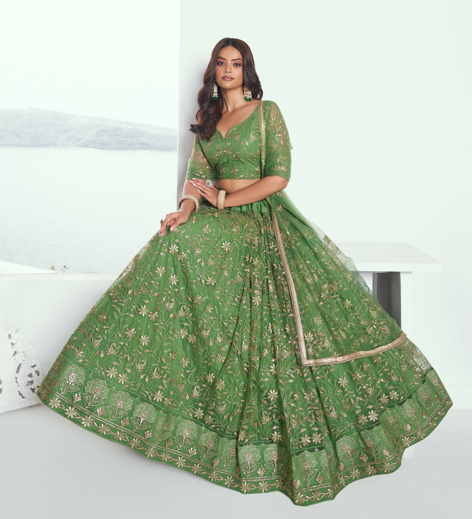 Mehendi Green Designer Embroidered Net Wedding Lehenga-Saira's Boutique