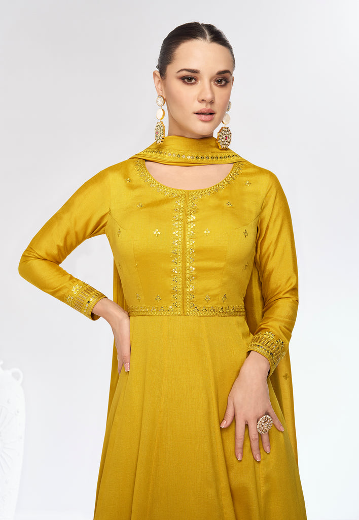 Metallic Gold Designer Embroidered Party Wear Silk Gown-Saira's Boutique