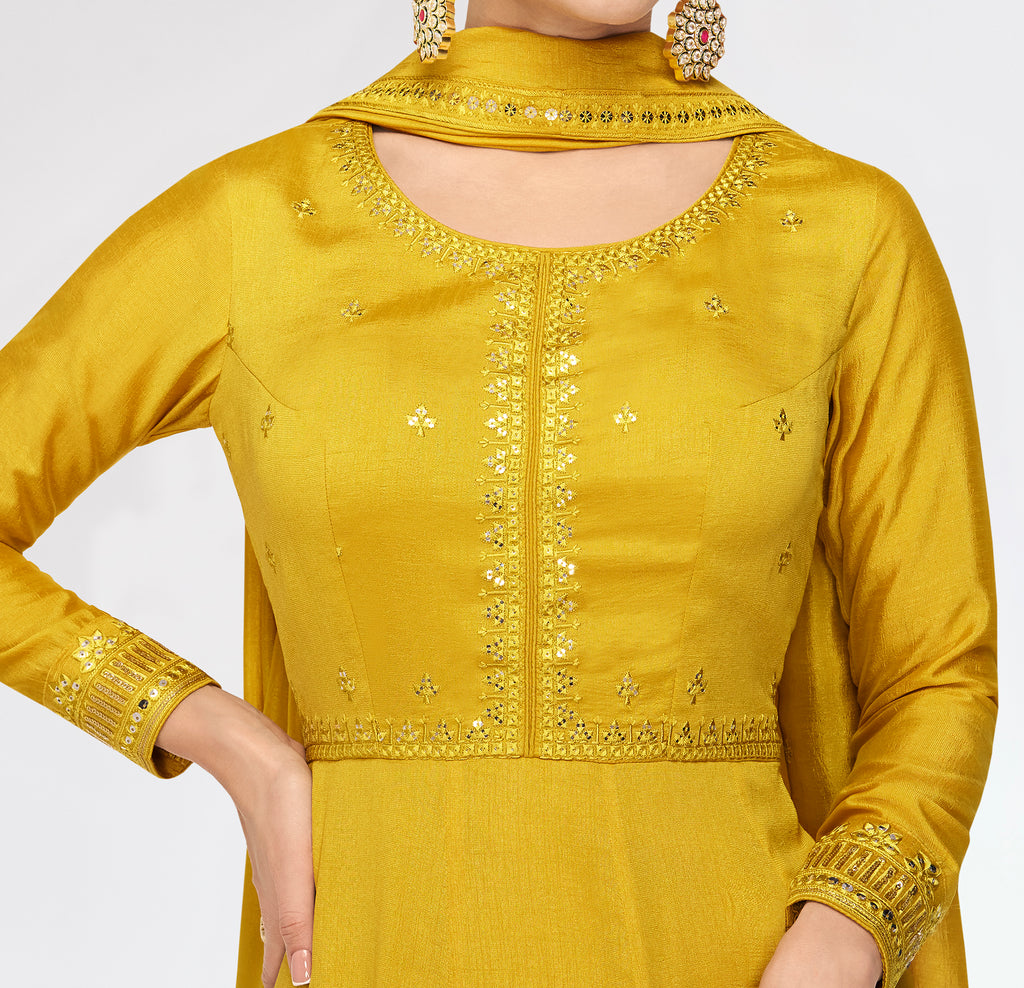 Metallic Gold Designer Embroidered Party Wear Silk Gown-Saira's Boutique