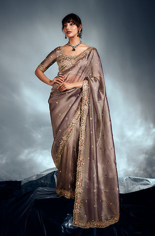 Mulberry Pink Designer Embroidered Jacquard Silk Wedding Lehenga