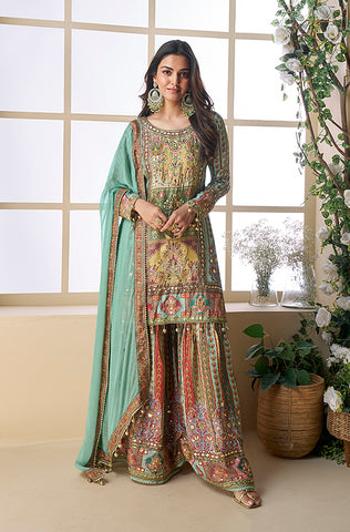 Black Designer Embroidered Chinon Silk Party Wear Palazzo Suit