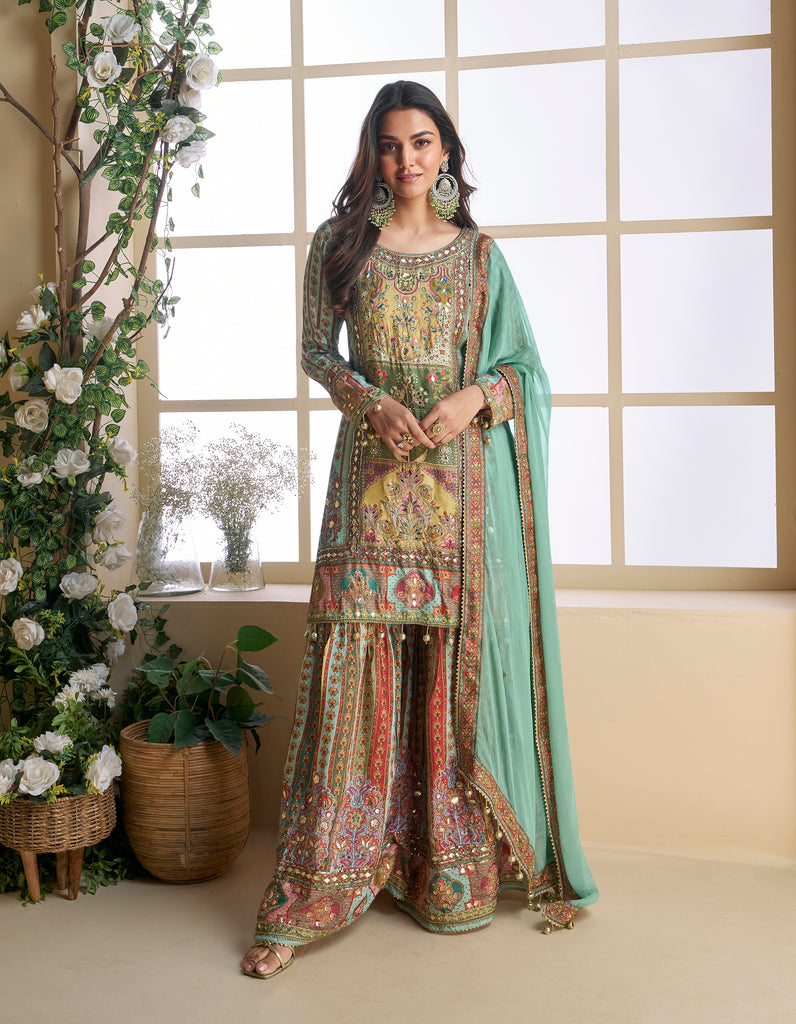 Mint Green Beige Designer Embroidered Pure Crepe Silk Party Wear Gharara Suit-Saira's Boutique