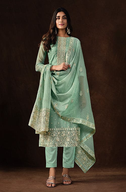 Exclusive Blue Marble Printed Organza Suit With Dupatta